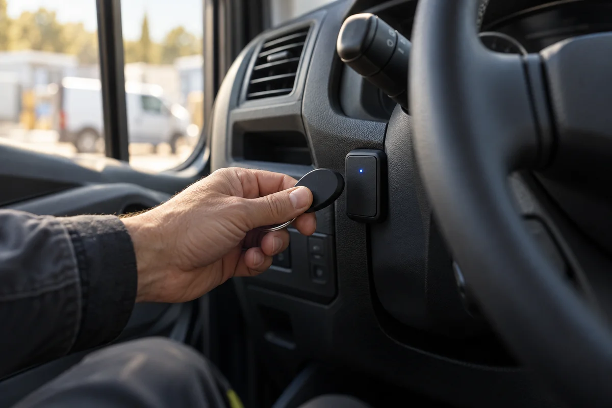 AI-generated illustration of a driver presenting a key fob to a reader inside a van