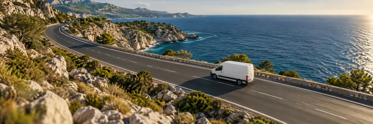 Un furgone bianco percorre una strada costiera mediterranea